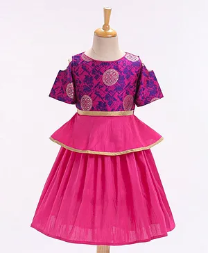 The KidShop Cold Shoulder Half Sleeves Abstract Foil Printed With Lace Embellished & Layered Dress - Pink