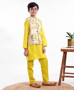 Pine Kids Full Sleeves Kurta Pajama Set with Bandi Floral Print - Yellow