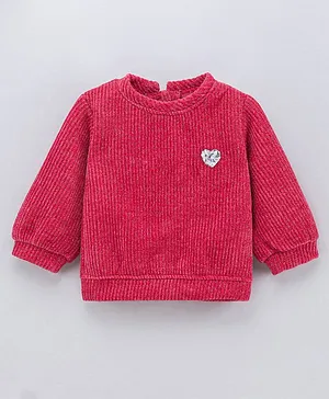 Little Kangaroos Full Sleeves Winter T-Shirt Solid Sequin Heart - Red