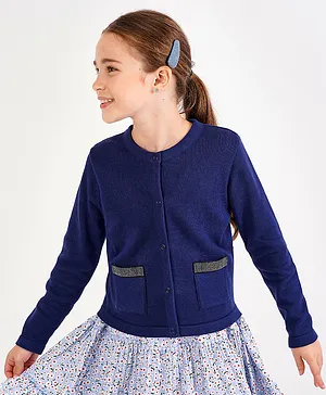 Primo Gino Full Sleeves Cotton Front Open Sweater with Decorative Tape - Navy