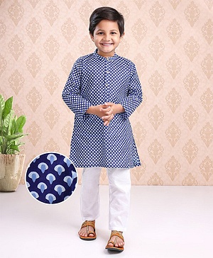 Babyhug Full Sleeves Kurta & Pajama Set Ethnic Print - White Blue