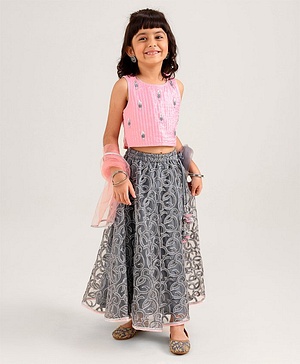 Babyhug Sleeveless Sequecned Embroidered Choli With Lehenga And Dupatta Set - Pink & Grey.