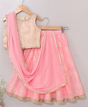 Babyhug Sleeveless Choli & Lehenga Set with Dupatta Floral Embroidered - Peach