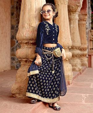 Babyhug Three Fourth Sleeves Embroidered Flared Lehenga Choli & Dupatta - Blue