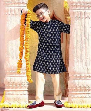 Babyhug Full Sleeves Embroidered Kurta and Pyjama Set - Navy & Cream