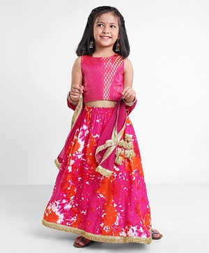Babyhug Sleeveless Choli & Lehenga Set with Dupatta Tie Dye Print with Zari Design & Golden Lace Hem - Fuschia