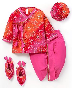 Babyhug 100% Cotton Full Sleeves Kurta & Dhoti Set Bandhani Print- Fuschia