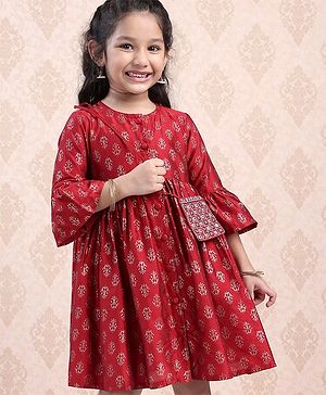 Babyhug Three Fourth Sleeves Ethnic Dress Printed- Red