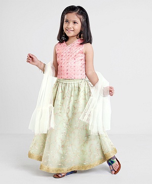 Babyhug Woven Sleeveless Choli & Lehenga with Dupatta Floral Thread Work & Sequin Detailing - Light Green & Pink