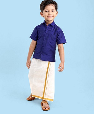 Babyhug Half Sleeves Shirt & Mundu Set Solid Colour- Royal Blue