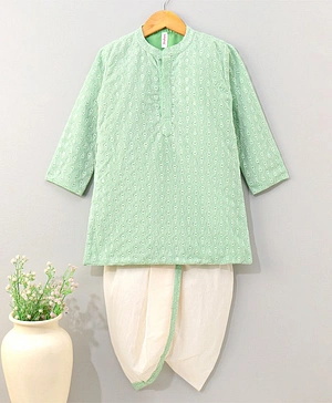Babyhug Full Sleeves Kurta And Dhoti Thread Embroidery - Green & White