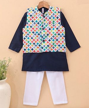 Babyhug 100% Cotton Full Sleeves Solid Kurta and Pyjama Set with Printed Modi Jacket - Navy & White