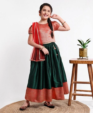 Pine Kids Half Sleeves Choli Lehenga & Dupatta Set All Over Zari Design - Green