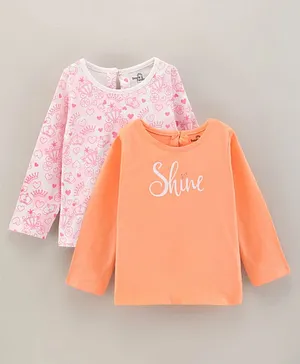 Doodle Poodle Full Sleeves Tops Crown & Text Print Pack Of 2 - Peach White