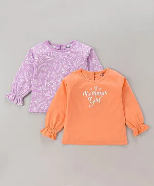 Doodle Poodle Full Sleeves Top Floral & Text Print Pack Of 2 - Purple Peach