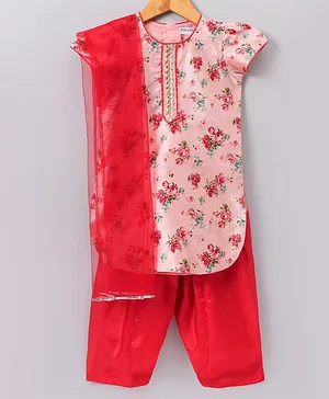 Sakla Designs Half Sleeves Silk Kurta and Salwar set with Dupatta Floral Print  - Red
