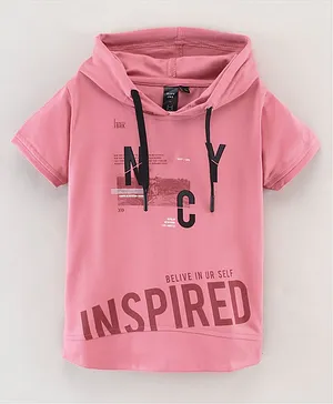 Ruff Half Sleeves Hooded T-Shirt Text Print - Pink
