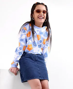 Ollington St. Full Sleeves Floral All Over Printed Sweatshirt With Denim Skirt Set - Blue