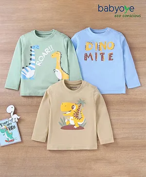 Babyoye Eco-Conscious 100% Cotton Full Sleeves T-Shirts Dino Print Pack of 3- Multicolor