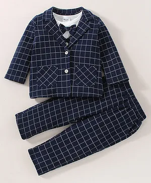 Kookie Kids Full Sleeves T-Shirt with Attached Waistcoat & Checks Trouser & Blazer - Navy Blue
