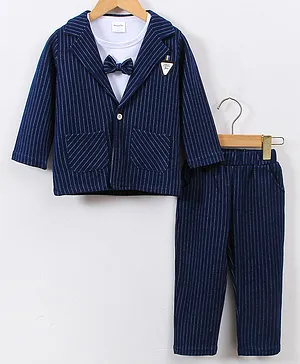 Kookie Kids Full Sleeves Tee with Attached Blazer & Trouser Stripe Print - Navy Blue