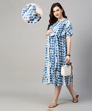 MomToBe Half Sleeves Tie And Dye Detail Maternity Dress - Blue