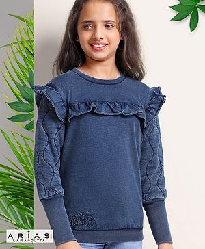 Arias indigo Cotton terry  Sweatshirt with applique embroidery And Quilted Sleeve - Indigo