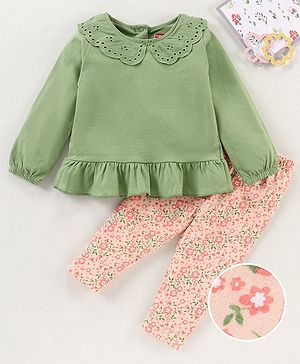 Babyhug Cotton Knit Full Sleeves Solid Tee & Pant Floral Print - Green Peach