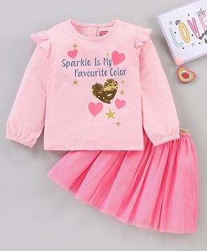 Babyhug Full Sleeves Sequins Top & Knee Length Skirt - Pink