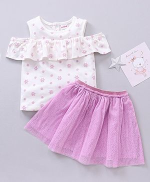 Babyhug Half Sleeves Top & Skirt Floral Embroidery - White Purple