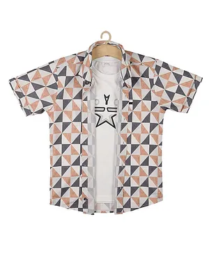 CAVIO Half Sleeves All Over Triangular Pattern Printed Shirt With Rock Star Text Placement Printed Tee - Rust Brown