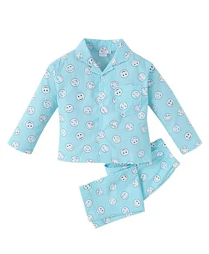babywish 100% Cotton Full Sleeves All Over Smiley Emojis Printed Night Suit - Light Blue