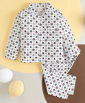 babywish 100% Cotton Full Sleeves All Over Ship Anchor The Helm & Boats Printed Night Suit - White