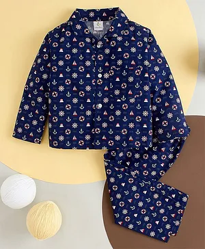 babywish 100% Cotton Full Sleeves All Over Ship Anchor The Helm & Boats Printed Night Suit - Blue