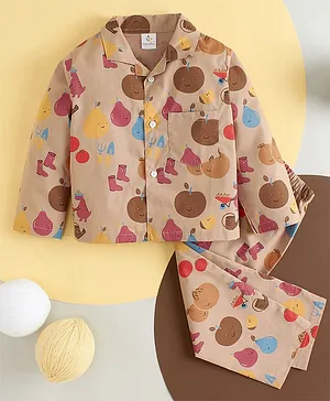 babywish 100% Cotton Full Sleeves All Over Fruits Printed Night Suit - Peach