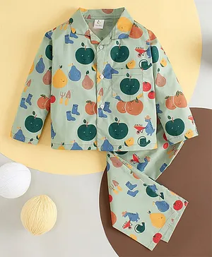 babywish 100% Cotton Full Sleeves All Over Fruits Printed Night Suit -Green