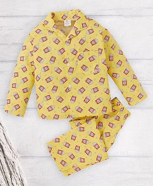 babywish Full Sleeves All Over Pop Corn Bucket Printed 100% Cotton Shirt With Coordinating Pyjama - Yellow