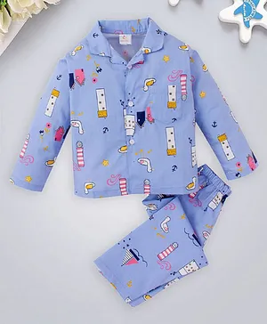babywish Full Sleeves All Over House & Swan Printed 100% Cotton Shirt With Coordinating Pyjama - Blue