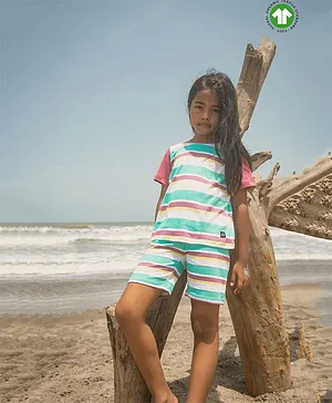 Whistle & Hops Kids 100% Organic Cotton Half Sleeves Nautical Stripes Printed Tee- Magenta
