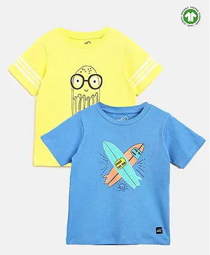 Whistle & Hops Pack of 2 Kids Half Sleeves Surfboard and Jellyfish Printed Tee Combo- Blue and Yellow