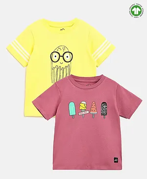 Whistle & Hops Pack of 2 Kids Half Sleeves Jellyfish and Ice-cream Printed Tee Combo- Yellow and Burgundy