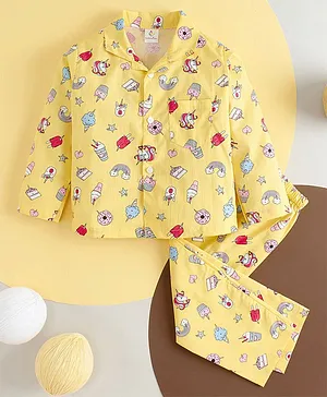 babywish Full Sleeves All Over Unicorn Theme Cupcake & Rainbow Printed 100% Cotton Shirt With Coordinating Pyjama - Yellow