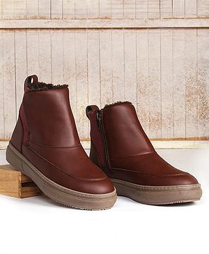 Pine Kids Slip On Winter Boots With Zipper Closure - Brown