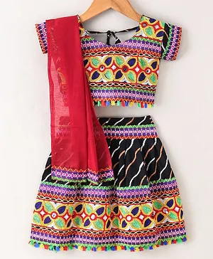 Tahanis Half Sleeves All Over Embroidered & Mirror Work Embellished Choli With Coordinating Tassel Detailed Leheriya Lehenga & Dupatta - Black