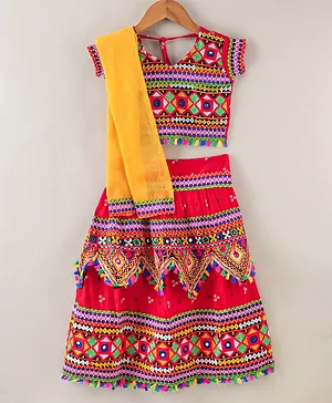 Tahanis Half Sleeves All Over Embroidered & Mirror Work Embellished Choli With Coordinating Tassel Detailed Lehenga & Dupatta - Red