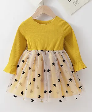 Kookie Kids Full Sleeves Frock Dress Star Print - Yellow