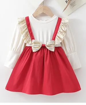 Kookie Kids Full Sleeves Frock with Bow Applique - Red