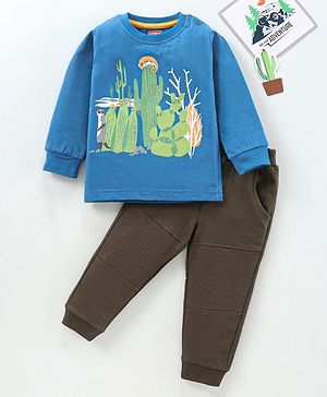 Babyhug Full Sleeves T-Shirt & Lounge Pant cactus Print - Blue & Olive Green