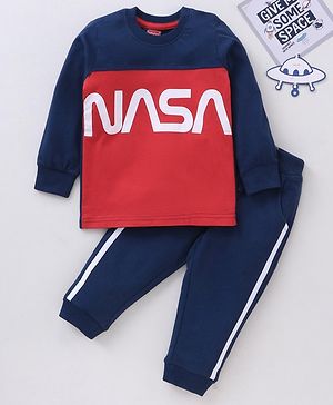 Babyhug Cotton Knit Full Sleeves Sweatshirt & Lounge Pant Set Text Print - Red Navy