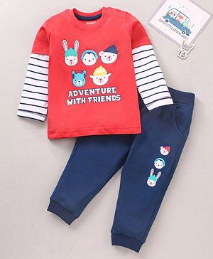 Babyhug Cotton Full Sleeves Tee & Lounge Pants Set Stripes & Animal Print- Red Navy